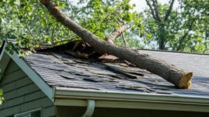 A fallen tree on a house roof after a hurricane, symbolizing storm damage and the need for cleanup and repairs. Concept for insurance coverage for roof repair.