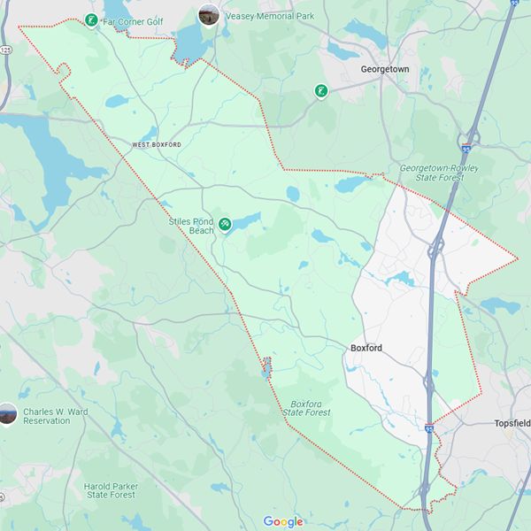 Service area map of Boxford roofing company