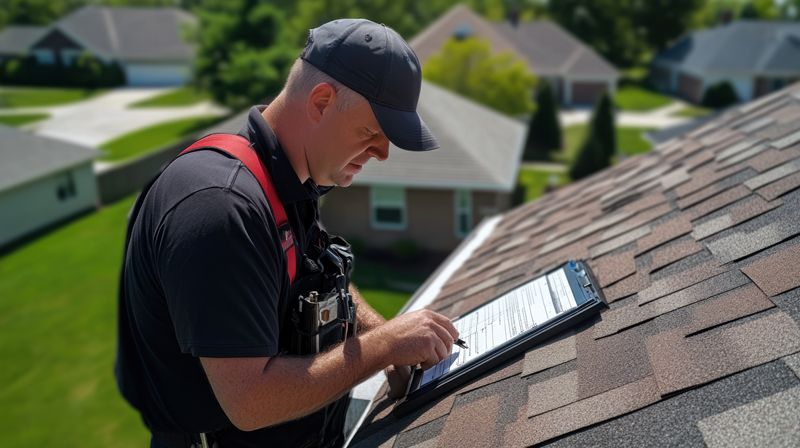 A roof inspection in progress, with an inspector carefully examining the shingles, gutters, and overall roof structure, highlighting potential areas of concern