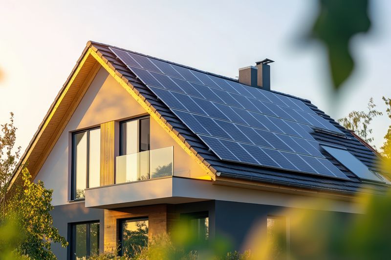 Close-up of new suburban house with a photovoltaic system on the roof. Modern eco friendly passive house with solar panels on the gable roof, with sunlight in the morning vibes.