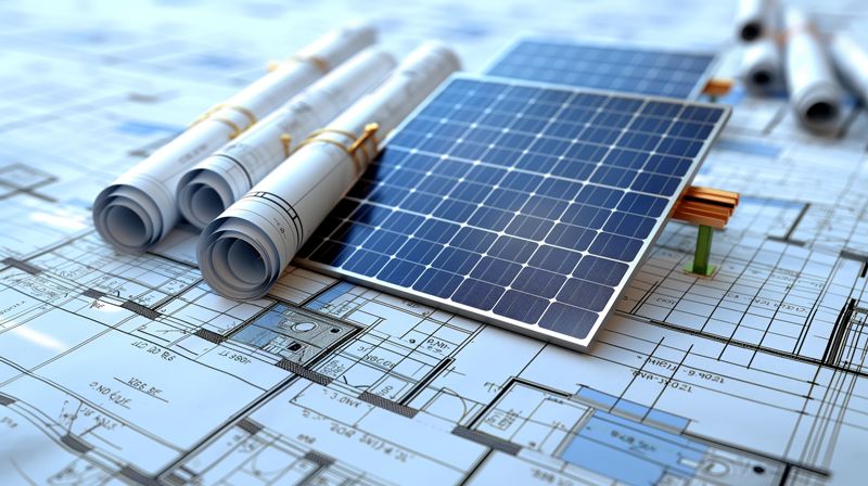 Solar panels and blueprints on desk