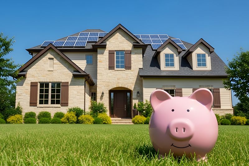 A large pink piggy bank in front of a beautiful house with solar panels on the roof and green lawn