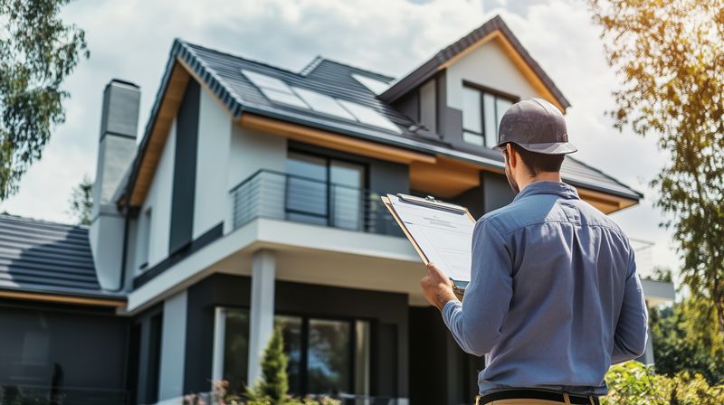 Home inspector evaluating a modern house with solar panels on a sunny day in a suburban neighborhood
