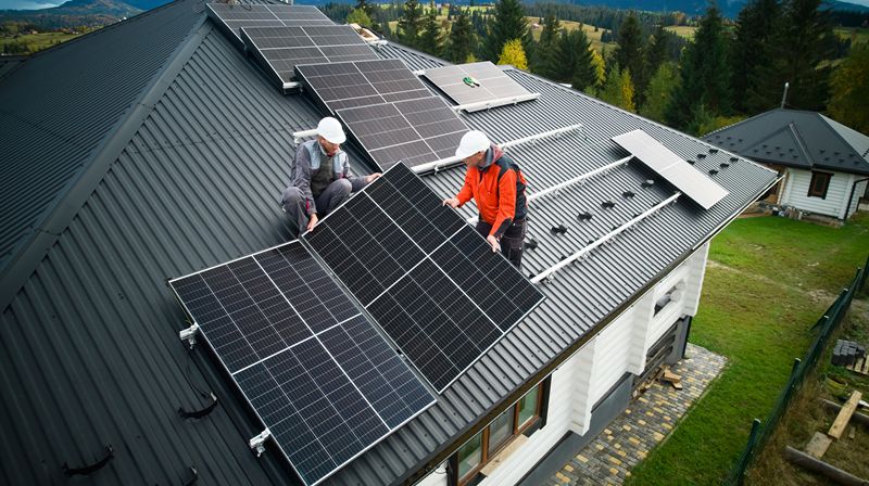 Men workers installing solar panels on roof of house.