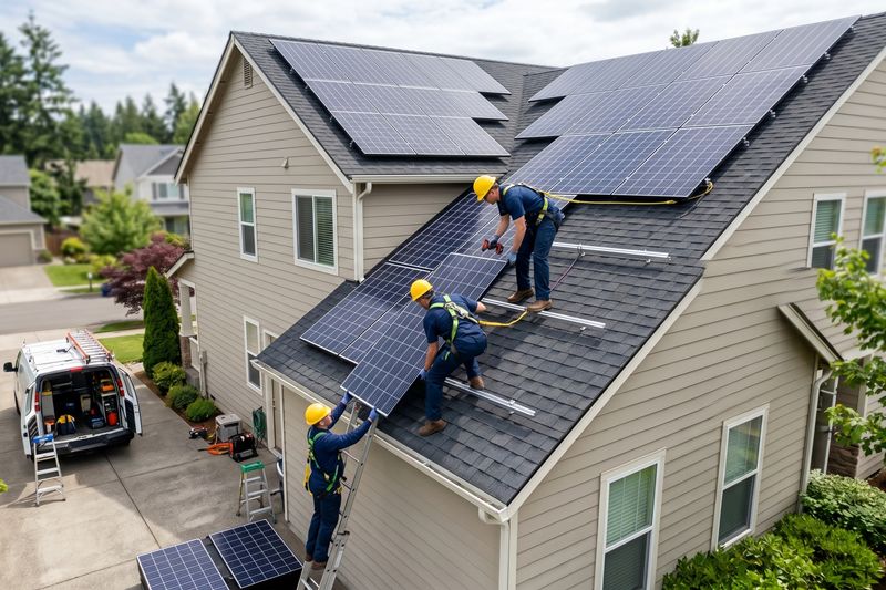 Team-based rooftop installation scene on a suburban residence communicates home upgrades, coordinated labor, and clean energy adoption. Suited to utilities, contractors, housing, and workforce development messaging.