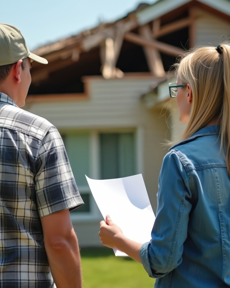 roofing contractor speaking with homeowner