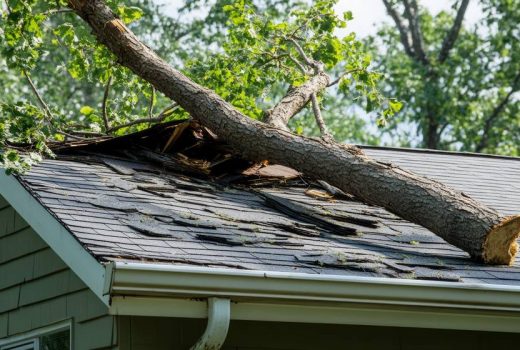 A fallen tree on a house roof after a hurricane, symbolizing storm damage and the need for cleanup and repairs. Concept for insurance coverage for roof repair.